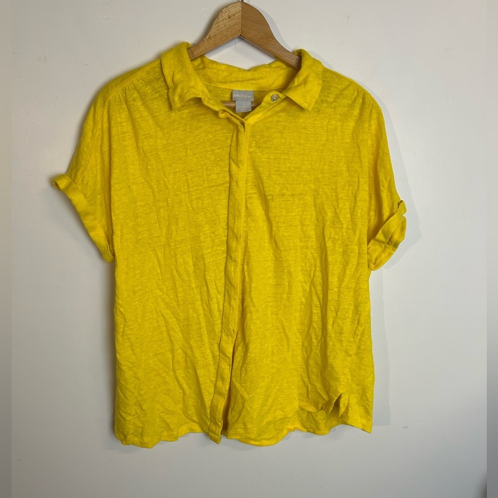 Chico's Size M 100% Linen Yellow Button Down Shirt Beach vacation resort hotel